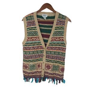 Napa Valley Southwest Tribal Striped V-Neck Tassel Grandma Sweater Vest Small